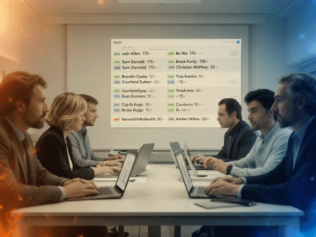 Wie wettet man bei Kalshi auf: yes Josh Allen: 175+,yes Bo Nix: 175+,yes Sam Darnold: 175+,yes Brock Purdy: 175+,yes Brandin Cooks: 10+,yes Courtland Sutton: 40+,yes Evan Engram: 10+,yes Troy Franklin: 10+,yes Cooper Kupp: 10+,yes Kenneth Walker III: 10+,yes Christian McCaffrey: 30+,yes Bo Nix: 10+,yes Kenneth Walker III: 50+?